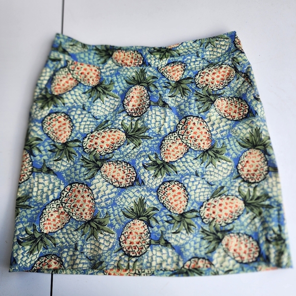 Talbots Pineapple Print Skirt Women's Blue Green Yellow Stretch Cotton Sz 12 - Picture 1 of 10
